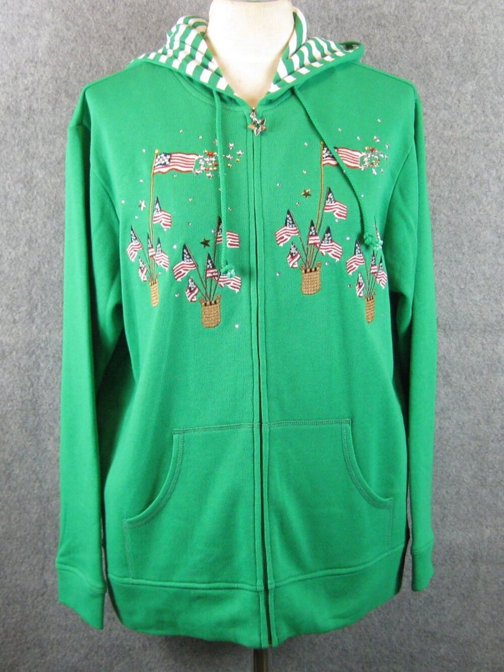 Quacker Factory Zip Hoodie Jacket Sz L Green Embroidered Flag